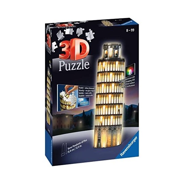 Ravensburger - Puzzle 3D Building - Tour de Pise illuminée - A partir de 8 ans - 216 pièces numérotées à assembler sans colle