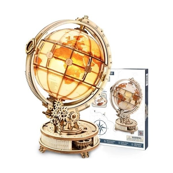 Rowood Puzzle 3D Bois Globe Lumineux Maquette en Bois a Construire Adulte - Kits de Modèles de Bricolage Construction Jouet -