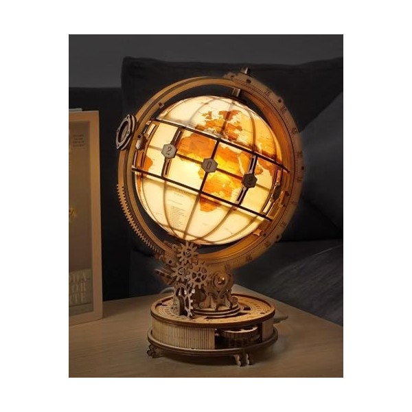 Rowood Puzzle 3D Bois Globe Lumineux Maquette en Bois a Construire Adulte - Kits de Modèles de Bricolage Construction Jouet -