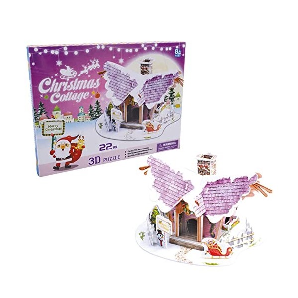 zebroau Puzzle 3D pour Enfants, Puzzle en Noël avec lumières LED, Kits modèles Chalet Neige, Puzzles 3D thème Village Noël, B