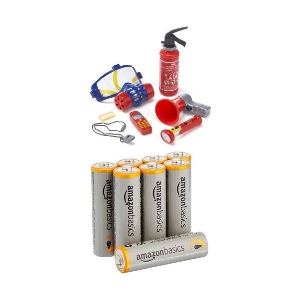 Klein - 8950 - Jeu dimitation - Set de pompier avec masque à gaz, 7 pièces + piles AA Amazon Basics
