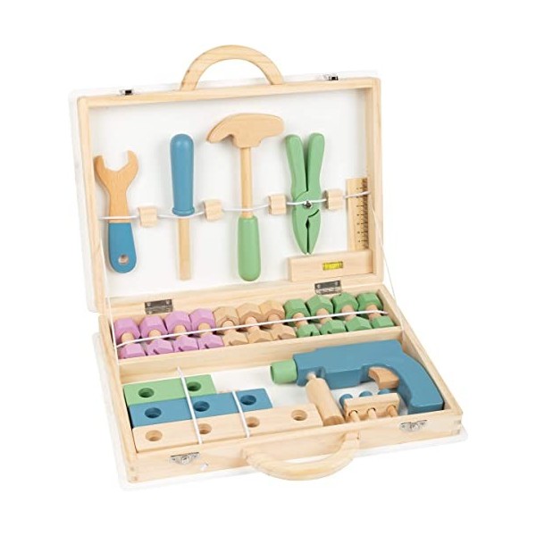 Small Foot 11505 Boîte à Outils scandinave, en Bois, Set de vis, 32 pièces Jouets, Multicolore