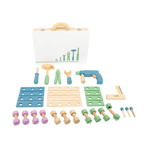 Small Foot 11505 Boîte à Outils scandinave, en Bois, Set de vis, 32 pièces Jouets, Multicolore