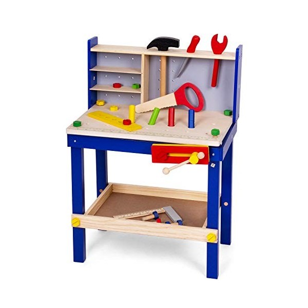 Leo & Emma - Banc datelier pour enfants avec outils en bois, peinture bleue, 50 pièces, établi pour enfants en bois, établi 