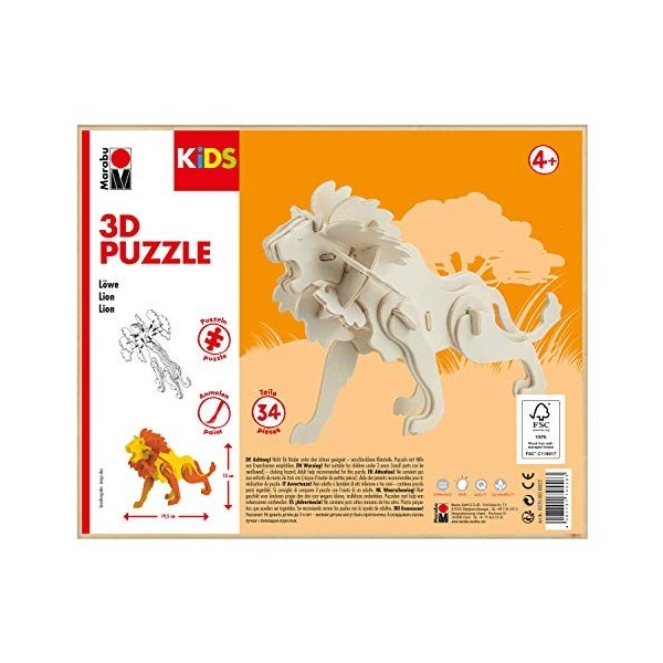 Marabu 0317000000022 Kids 3D Puzzle en Bois Lion 34 pièces env. 19,5 x 13 cm, Marron