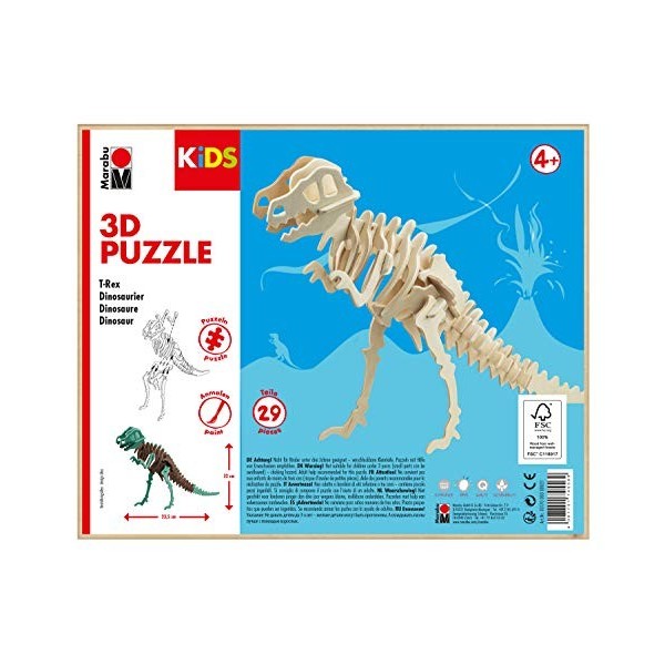Marabu 0317000000021 Kids Puzzle en Bois 3D T-Rex Dinosaure, 29 pièces, env. 23,5 x 32 cm, Marron