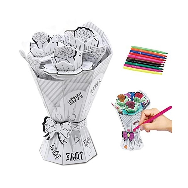 Shareed Puzzle Fleur 3D,Peinture Puzzle 3D Papier DIY Puzzle - Puzzle Bouquet 3D Amusant et délicat avec 10 stylos pour la fê