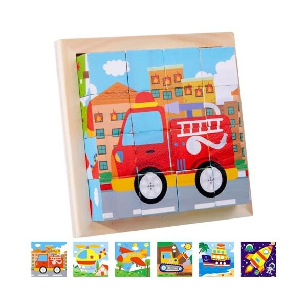 JOKILY Cube dimages en bois 3D - Puzzle de cubes en bois avec 16 cubes - Jouet en bois pour enfants à partir de 2 à 3 4 ans 