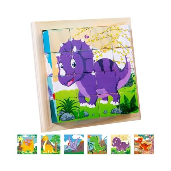 JOKILY Cube dimages en bois 3D - Puzzle de cubes en bois avec 16 cubes - Jouet en bois pour enfants à partir de 2 à 3 4 ans 