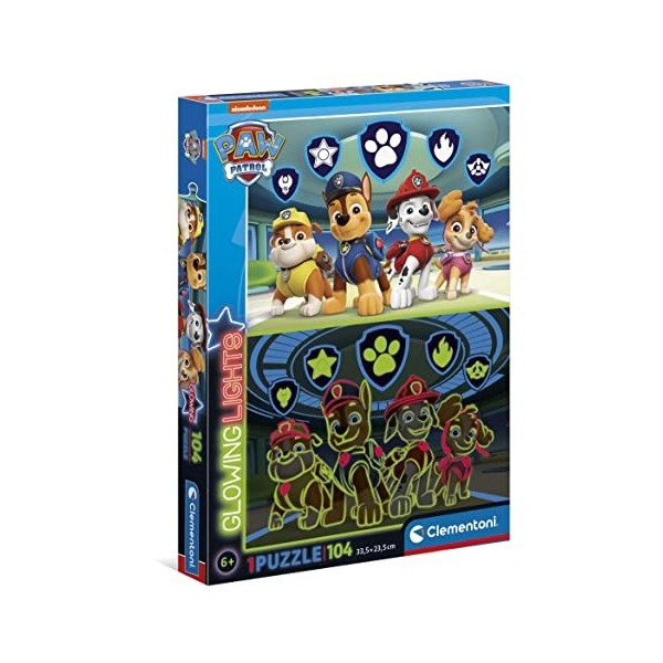 Clementoni- Paw Patrol Supercolor Glowing Lights-PatPatrouille-104 Pièces, Enfants 6 Ans, Puzzle Dessin Animé-Fabriqué en It