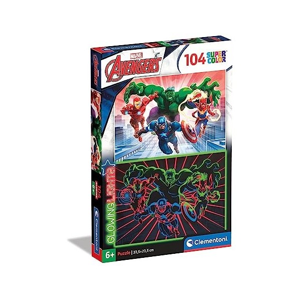 Clementoni- Marvel Avengers Glowing Lights Collection Avengers-104 pièces, 6 Ans Enfant, Puzzle Fluorescent-fabriqué en Itali