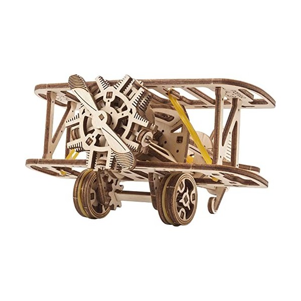 UGEARS Mini-Biplan Puzzle 3D Bois - Maquette Mecanique en Bois a Construire - DIY Puzzle Jouet davion - Casse-tête Ensemble 