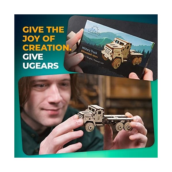 UGEARS Puzzle 3D Camion Militaire - Kit de modèle en Bois pour Adultes à Construire - Kit de Fabrication de Voiture de Camion