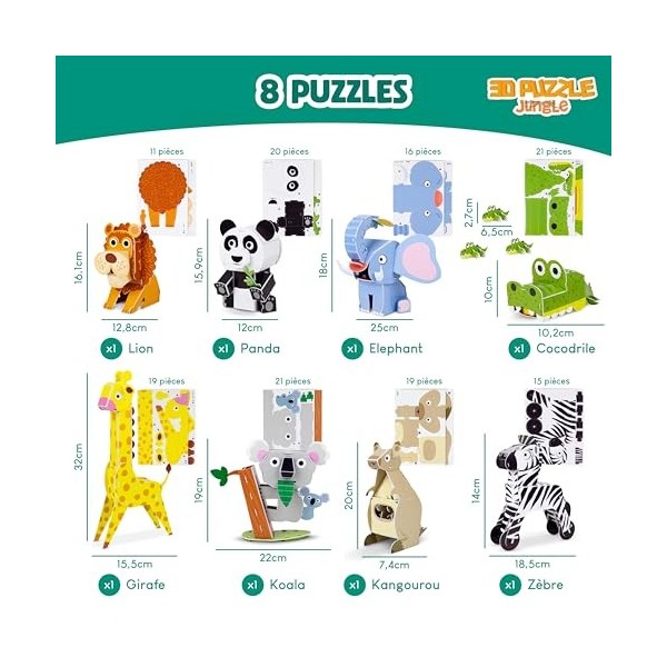 Puzzle 3D Enfant Pack 8 - BONNYCO | Puzzles 3D Activites Jouet Enfant Educatif, Cadeau Enfant, Fille et Garcon | Maquette a C