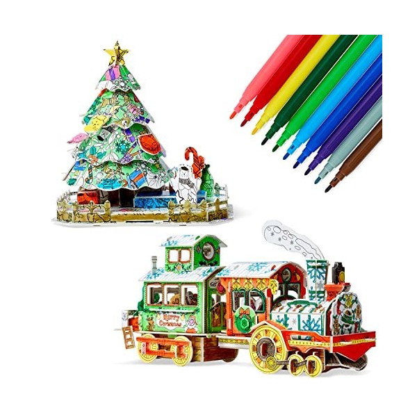 THE TWIDDLERS Ensemble Cadeau Puzzle 3D Sapin de Noël & Train pour Construire & Colorer Vous-Même avec 10 Marqueurs - Activit