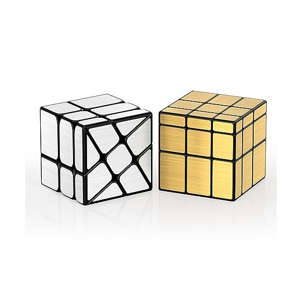 ROXENDA Speed Cube Ensemble de 2 Gold Mirror S Cube, Silver Windmirror Cube, Irrégulier Speedcubing 3x3x3 Twisty Box Puzzle