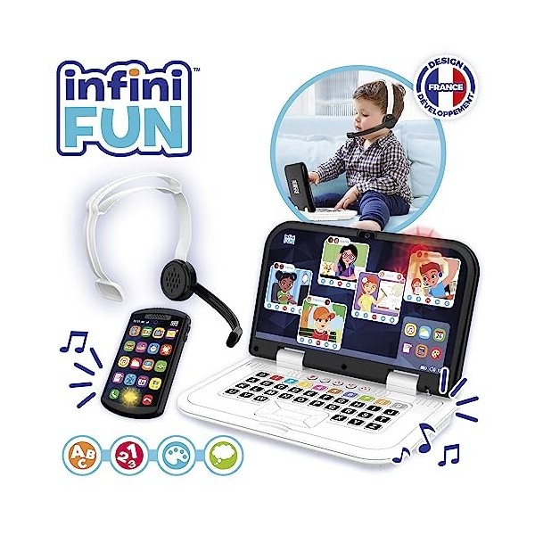 Infini Fun - Mon Premier kit de télétravail - Téléphone, Ordinateur et Casque pour Faire des visioconférences comme Les Grand