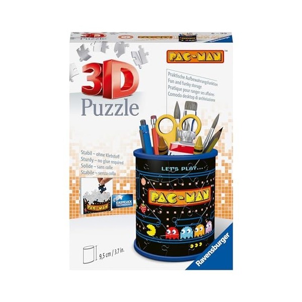Ravensburger - Puzzle 3D Pot à Crayons - Pacman - A partir de 6 ans - 54 pièces numérotées à assembler sans colle - Accessoir