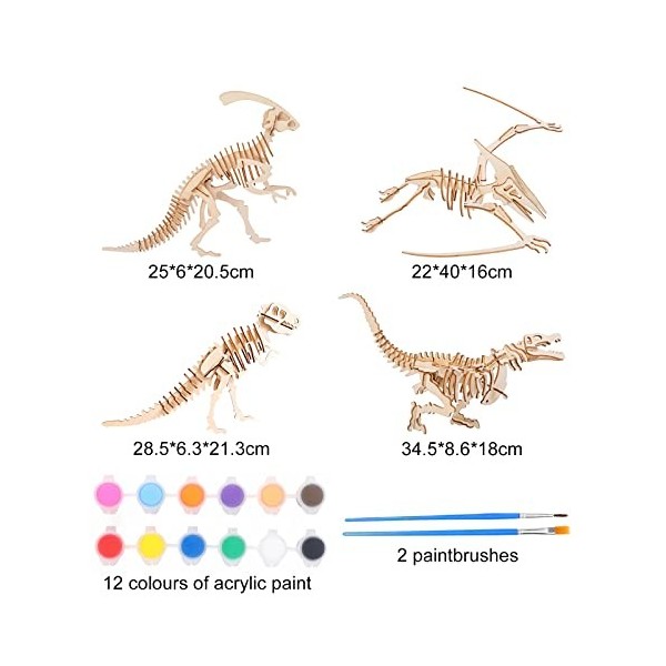 LongZYU Puzzle à colorier 3D 4 pièces Puzzle en Bois Loisirs Créatifs Puzzle 3D en Bois Bricolage Kits Puzzle 3D Dinosaure po