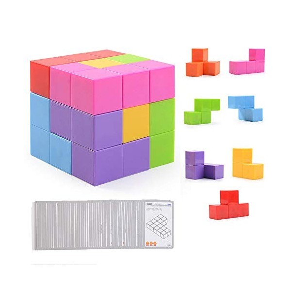 Ulikey Magique Cube, Blocs de Construction Jouets avec 7 Bricks + 54 Cartes, 3D Puzzle Cube Jeu dentraînement Cérébral Educa