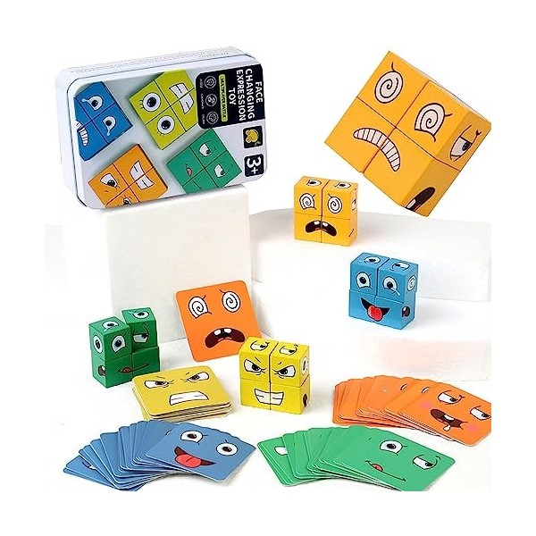 Montessori Interactif Emoji Bloc,Expressions en Bois Matching Block Puzzles,Cubes Face Change Cube Jeu,Cube de Construction E