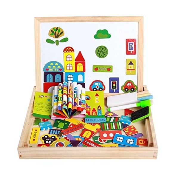 Puzzles en Bois Magnétiques avec Tableau Double-face Aimant Véhicule Jigsaw Puzzle Chevalet Planche à Dessin Noir Blanc Jeu E