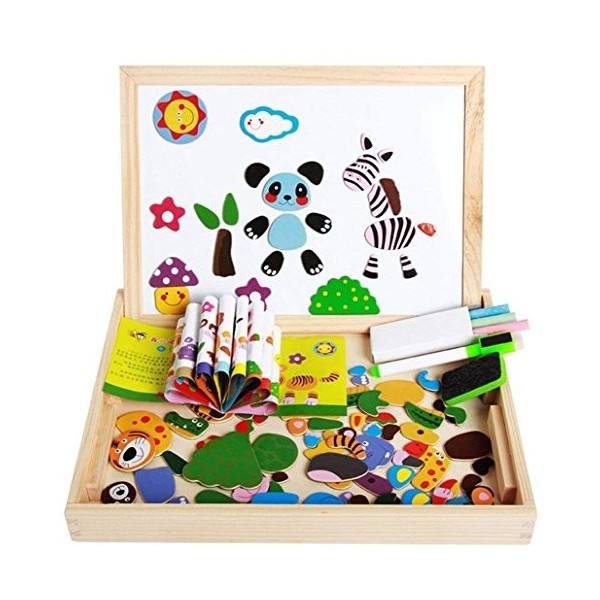 Puzzles en Bois Magnétiques avec Tableau Double-face Aimant Véhicule Jigsaw Puzzle Chevalet Planche à Dessin Noir Blanc Jeu E