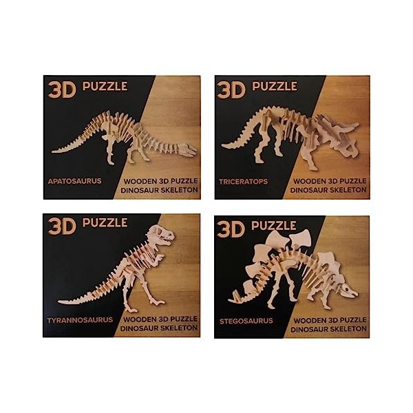 Bada Bing Lot de 4 puzzles en bois naturel 3D pour enfants - Puzzle dinosaure squelette - Pour bricolage et construction - 45