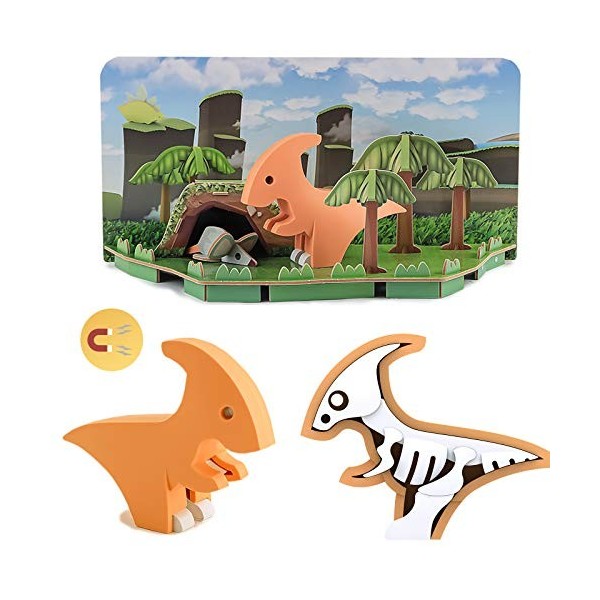 HALFTOYS Puzzle 3D dinosaure avec aimants et dioramas en papier, blocs de construction à démonter pour enfants de 3 ans