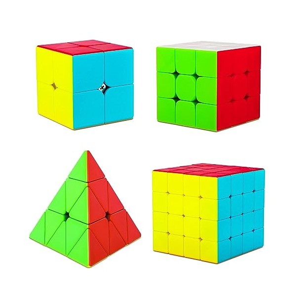 Coolzon Speed Puzzle Cube, 4 Pack Stickerless Cube Cube Set 2x2 3x3 4x4 Triangle Pyraminx, Easy Tourant 3D Speed Puzzle Cube 