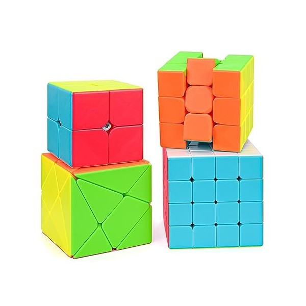 AOVNEA Speed Magic Cube Ensemble 4 Pack, Stickerless Cube Magique 2x2 3x3 4x4 Cube à Axis Lisses, Cube de Vitesse Set 3D Puzz