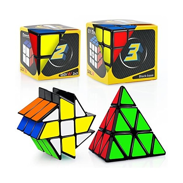 JQGO Speed Cube Set, Fidget Cube 3x3 Ensemble de Cubes 2x2 3x3 Pyraminx Pyramide Cube Fenghuolun, PVC Stickers Smooth Magic C