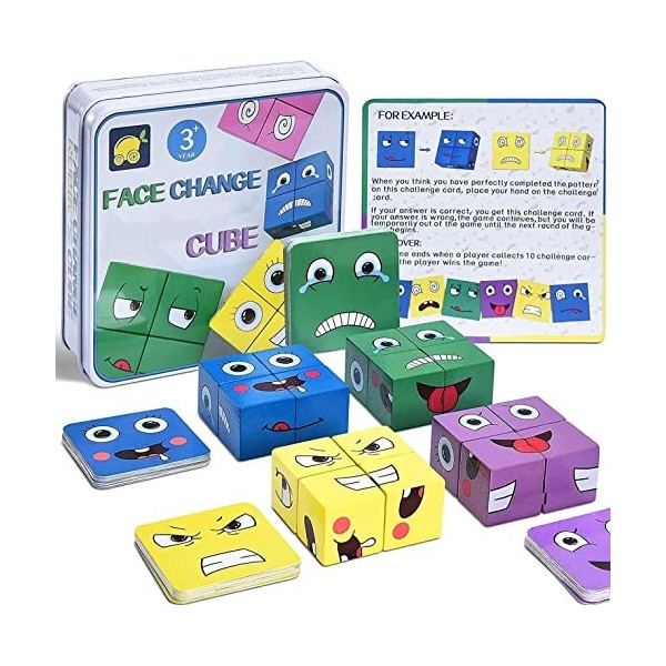 Puzzle de Expression Emoji Cubes en Bois, Interactif Emoji Bloc Jeux Cube de Construction IQ Puzzle de Visage pour Bébé, SUMA