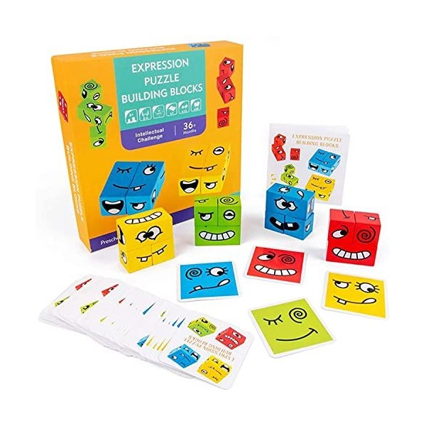 Puzzle de Expression Emoji Cubes en Bois, Interactif Emoji Bloc Jeux Cube de Construction IQ Puzzle de Visage pour Bébé, SUMA