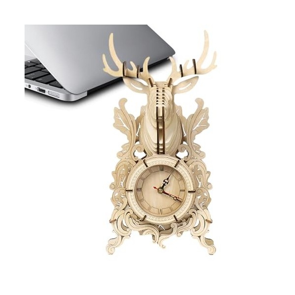 iount Wooden Puzzle Clock | 12.6in 3D Jigsaw Puzzle Clock Model | Basswood Crafted Building Kits Model | Timber Deer Clock Bu
