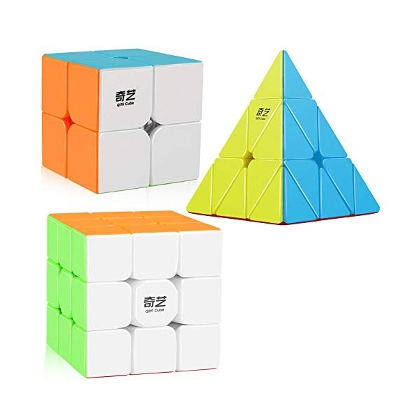 D-FantiX Speed Cube Set, QY Toys Cube 3 Pack Qidi S2 2x2 Warrior W 3x3 Qiming Pyramid Cubes de Vitesse sans Autocollant Bundl