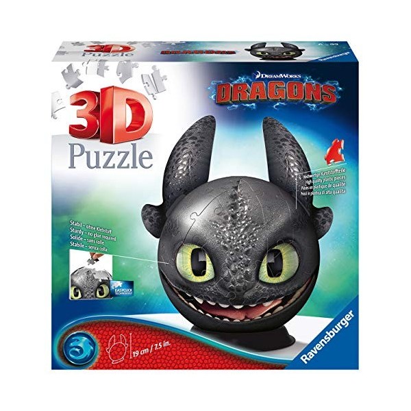 Dragons 3 Ohnezahn mit Ohren 3D Puzzle-Ball 72 Teile: Erlebe Puzzeln in der 3