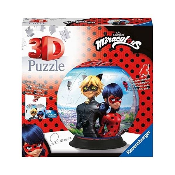 Ravensburger - Puzzle 3D Ball - Miraculous - A partir de 6 ans - 72 pièces numérotées à assembler sans colle - Support inclus