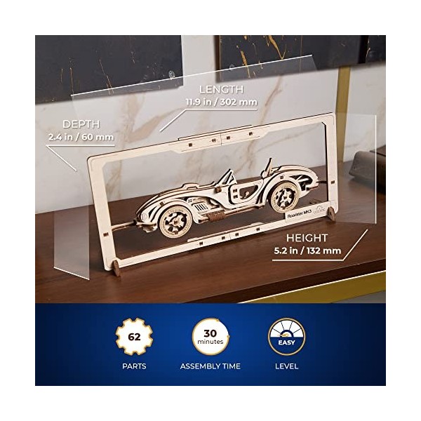 UGEARS Roadster MK3 2.5D Puzzle - Maquette Voiture en Bois pour Adultes avec Pièces Mobiles - Idéal pour Fans de Puzzles en B