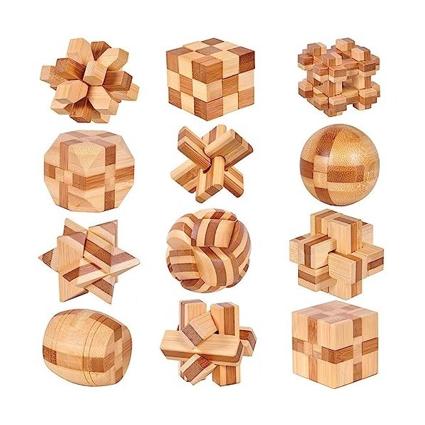 Joyeee 12 Pièces Casse-tête en Bois 3D Brain Teaser Puzzle IQ Esprit Test, Jeu Classique Intellectuel Jeu Magic Disentangleme