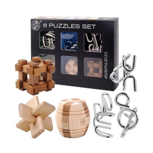 PureFun 6 pièces 3D Brainteaser en métal pour enfants, 2023 IQ Jeu de puzzle en métal/puzzle en bois