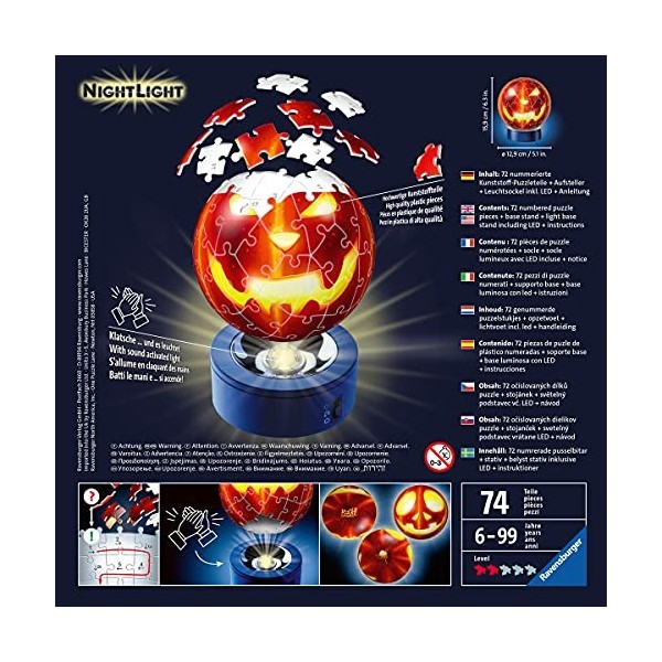 Ravensburger - Puzzle 3D Ball illuminé - Citrouille dHalloween - A partir de 6 ans - 72 pièces numérotées à assembler sans c