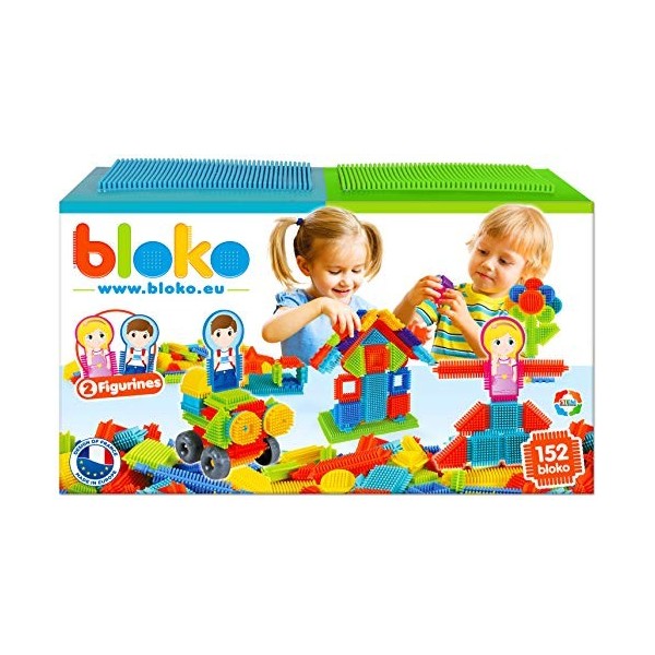 BLOKO – Coffret de 150 avec 2 Plaques de Jeu et 2 Figurines Famille – Dès 12 Mois – Fabriqué en Europe – Jouet de Constructio