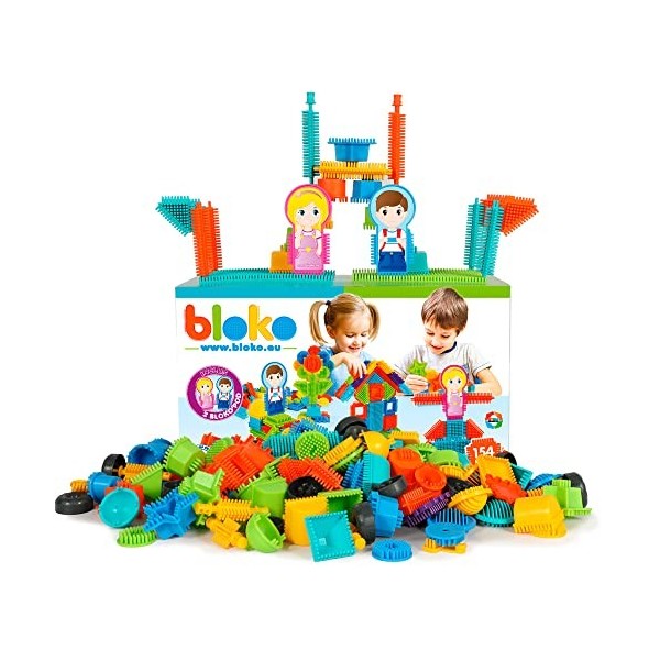 BLOKO – Coffret de 150 avec 2 Plaques de Jeu et 2 Figurines Famille – Dès 12 Mois – Fabriqué en Europe – Jouet de Constructio