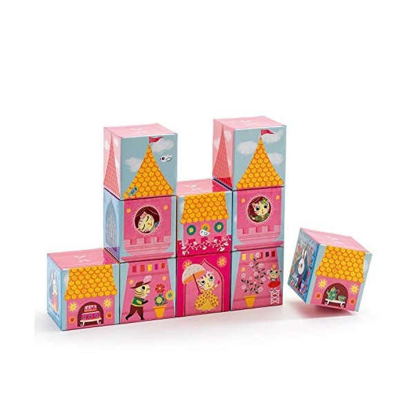 Djeco - Puzzle cubes château princesse 10 cubes - Rose, bleu, vert et jaune