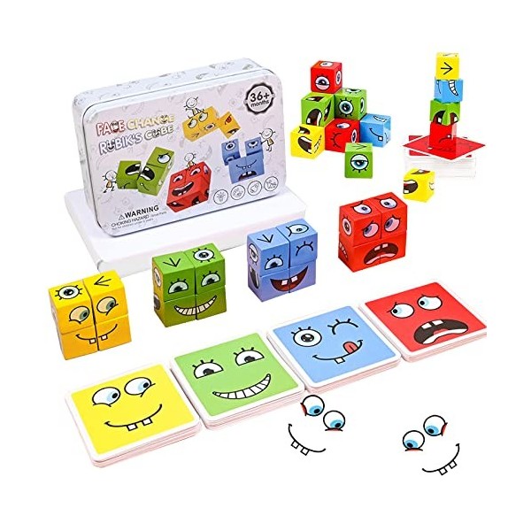 Montessori Interactif Emoji Bloc,Expressions en Bois Matching Block Puzzles,Cubes Face Change Cube Jeu,Cube de Construction E