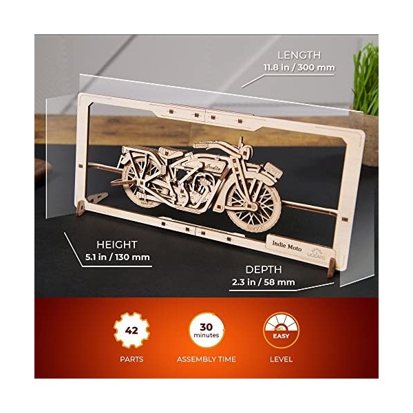 Ugears Moto Indie Puzzle 2.5D - Maquette en Bois à Construire pour Adultes - Art Mural Original Puzzle en Bois pour Adultes -