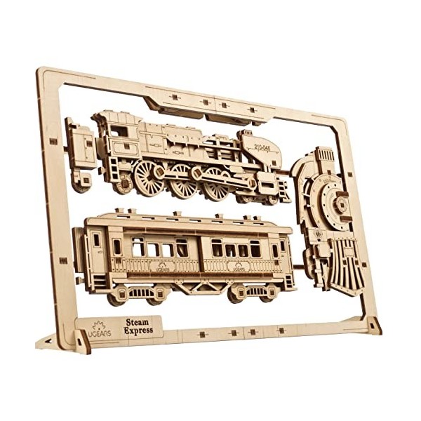 UGEARS 2.5D Steam Express encadré - Kit de modèle de Train Classique en Bois avec Roues Mobiles, mécanismes et Portes - Kits 