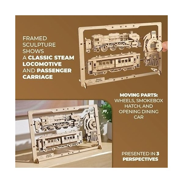 UGEARS 2.5D Steam Express encadré - Kit de modèle de Train Classique en Bois avec Roues Mobiles, mécanismes et Portes - Kits 