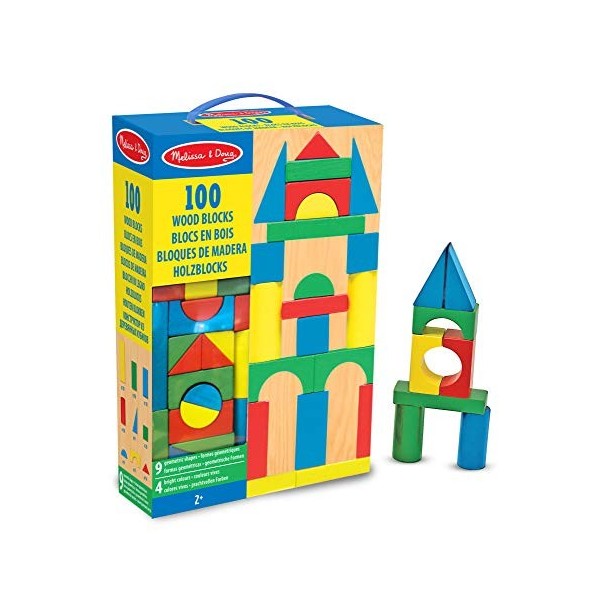 Melissa & Doug Blocs de Construction en Bois, Jouet Éducatif pour les Enfants, 100 Blocs Colorés de Formes et Tailles Différe